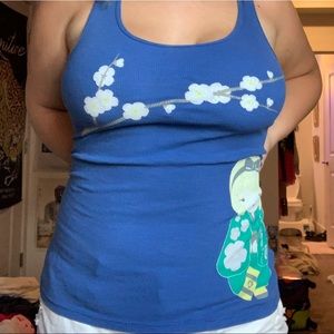 Harajuku Lovers blue tank, metal heart strap details, cherry blossom, and girl